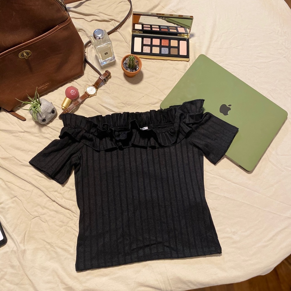 Ruffled black off-shoulder crop top